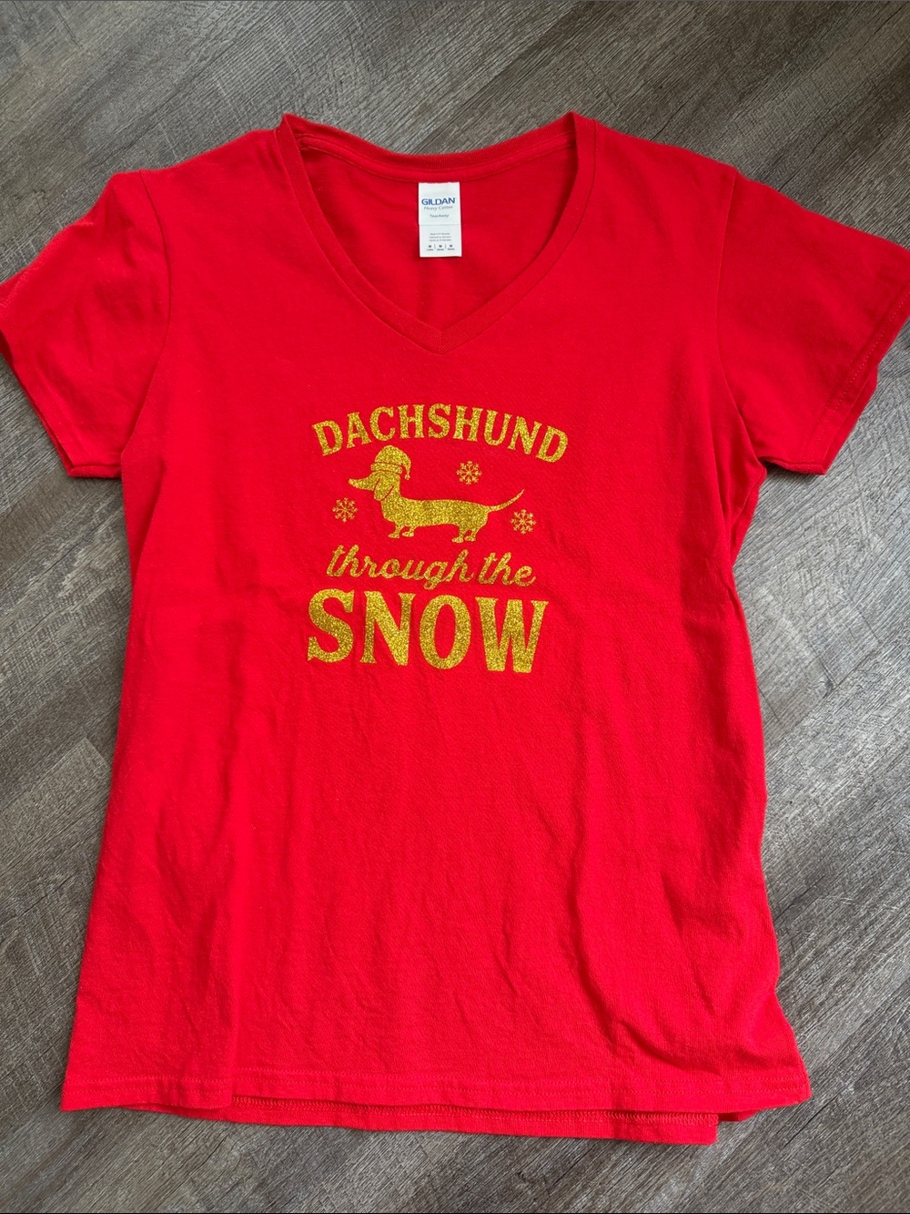 Gildan Red V-Neck Tee with Gold Dachshund Snow Print